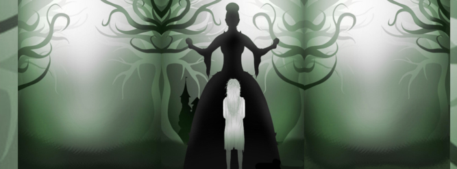 Cover von Roman: Adonia – Schatten der Vergangenheit. Grundton: grün. Ein kleines ärmlich gekleidetes Mädchen steht vor dem schwarzen Schatten einer erwachsenen Frau. Hintergrund: stilisierte Bäume und ein Schloss. Stimmung des Covers: düster und geheimnisvoll.
