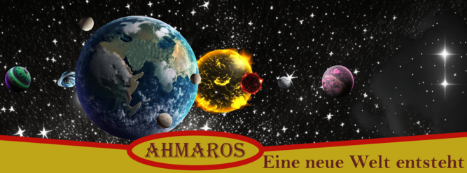 Doppelsonnensystem, zu dem der Planet Ahmaros gehört. Ahmaros und seine drei Monde sind im Vordergrund, rechts dahinter die große gelbe und die kleine rote Sonne. weiter rechts der kleine Steinplanet Kalsiva und der große pinke Gasplanet Arosa. Links von Ahmaros sind die Gasplaneten Modrasin (blau mit Ringen) und Viridis (grün-lila) zu sehen.und